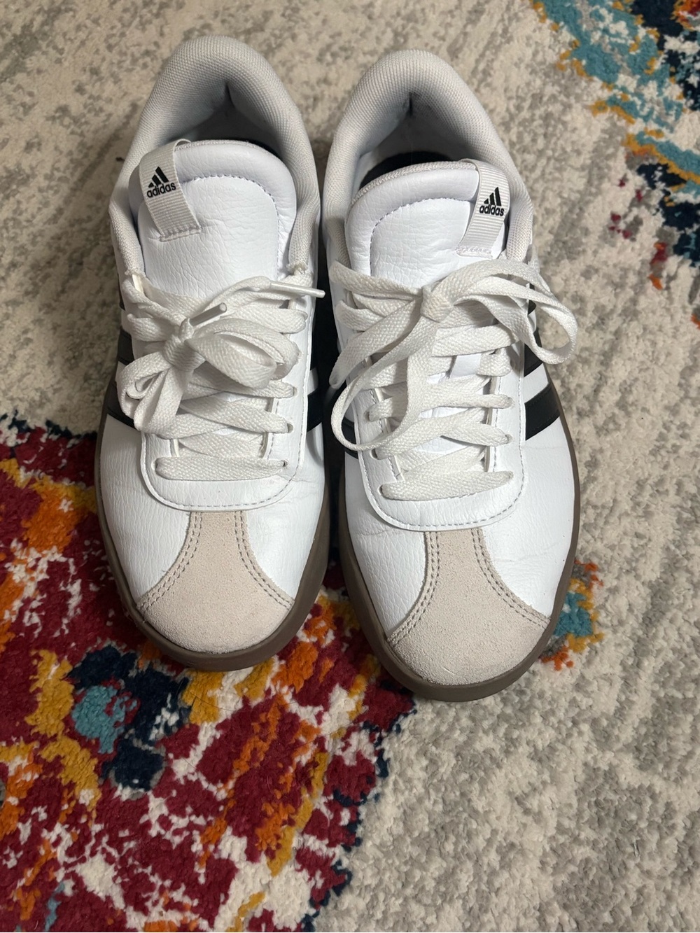 adidas White Sneakers with Black Stripes and Tan Suede Toe